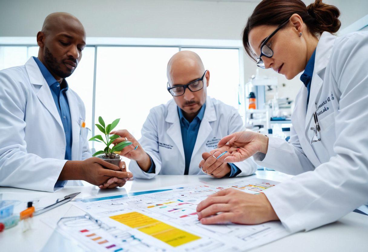 A hopeful scene depicting a diverse group of researchers collaborating in a modern lab, showcasing various cancer research activities, with lab equipment and vibrant charts behind them. Include elements symbolizing support and survivorship, like hands holding a ribbon and a plant growing through a cracked surface. The atmosphere should be bright and inspiring, conveying progress and hope in cancer treatment. super-realistic. vibrant colors. white background.