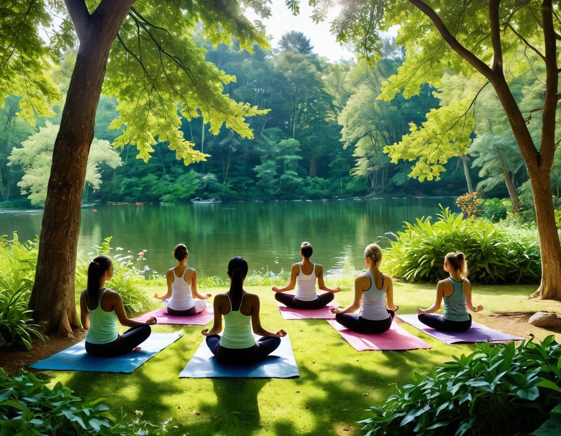 A serene scene depicting a diverse group of people engaging in various wellness activities: yoga in a peaceful park, cooking healthy meals with fresh ingredients, and meditating by a calm lake. Soft sunlight filters through lush green trees, symbolizing vitality and rejuvenation. Incorporate elements of nature like flowers and fruits to enhance the theme of health. vibrant colors. super-realistic.