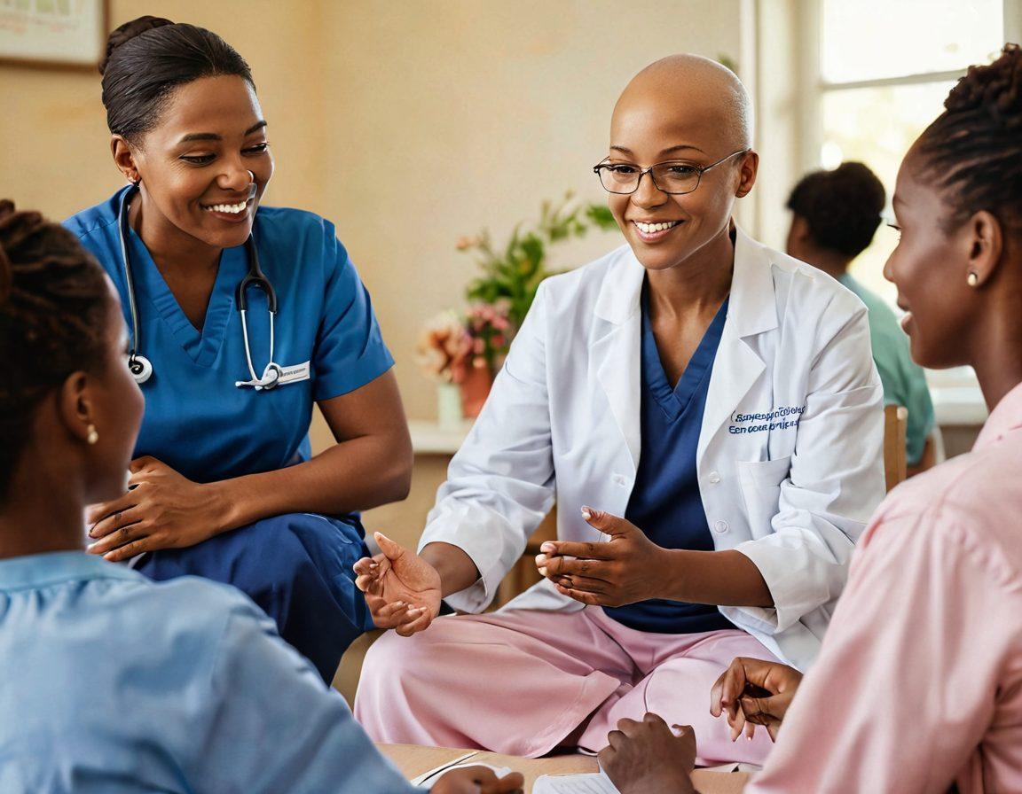 A compassionate scene depicting a healthcare professional engaging with a diverse group of cancer patients, showcasing warmth and hope. Include visuals of educational materials and supportive gestures, representing empowerment and community. Soft, warm colors with a serene background that inspires confidence and strength. super-realistic. vibrant colors. natural lighting.